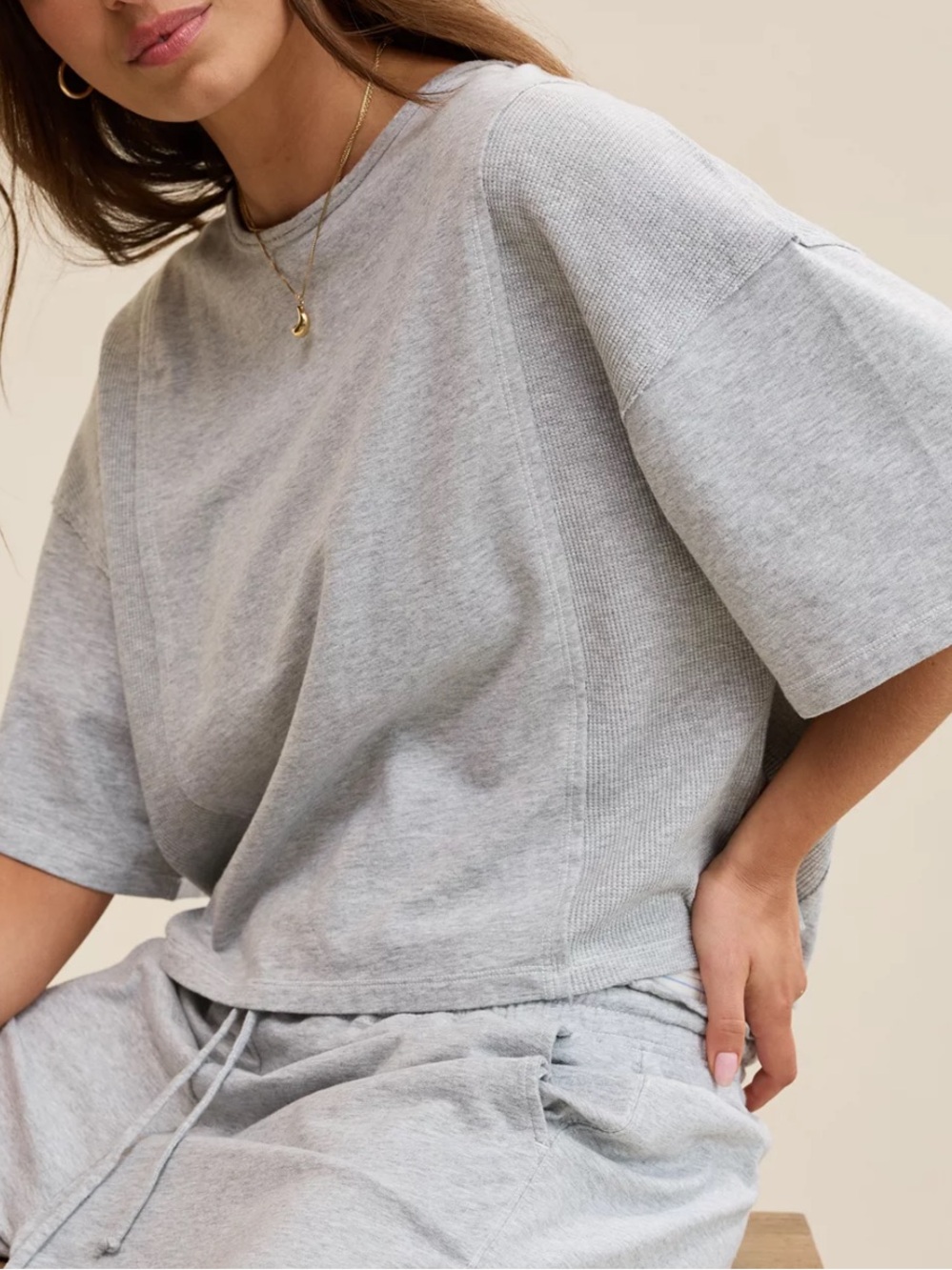 AERIE Unwind T-Shirt Heather Gray Cropped Ribbed Side Panels Dolman Short Sleeve